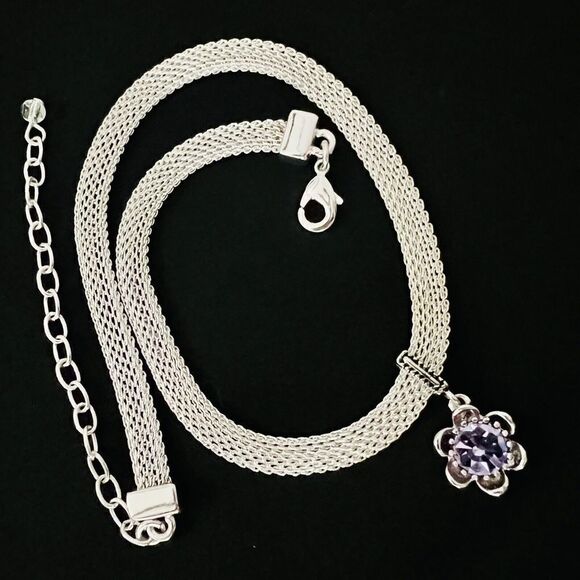 Beautiful Choker Silver Mesh Flower Pendant Purple Stone Fashion Necklace 1078 - Picture 1 of 10
